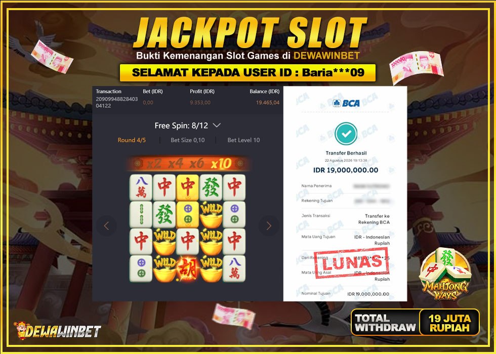 DEWAWINBET – JACKPOT SLOT MAHJONG WAYS Rp 19.000.000,- LUNAS